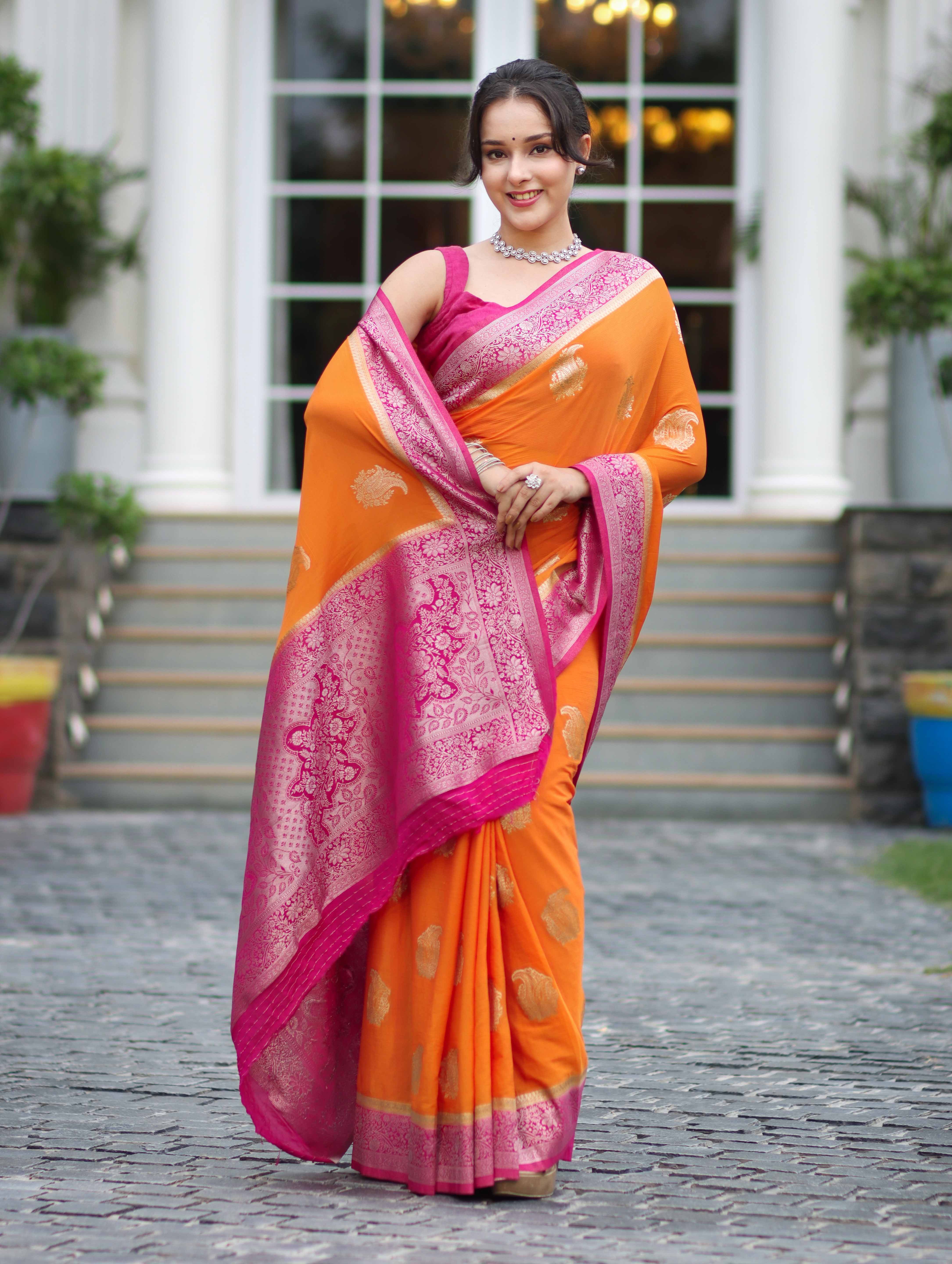 Banarasee Handwoven Chiffon Saree With Zari Buta Work & Contrast Border-Orange