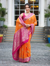 Banarasee Handwoven Chiffon Saree With Zari Buta Work & Contrast Border-Orange