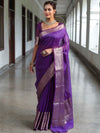 Banarasee Handwoven Plain Tissue Saree With Broad Zari Border-Purple