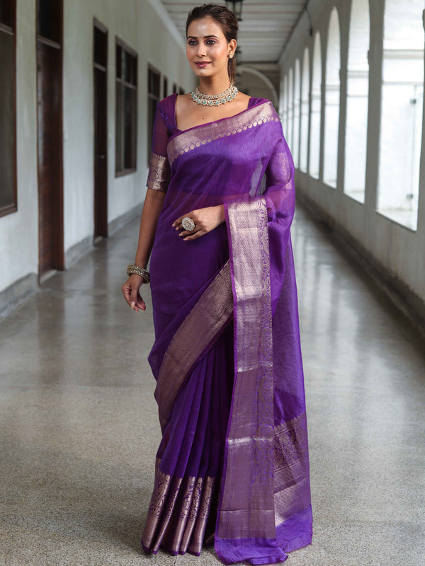 Banarasee Handwoven Plain Tissue Saree With Broad Zari Border-Purple