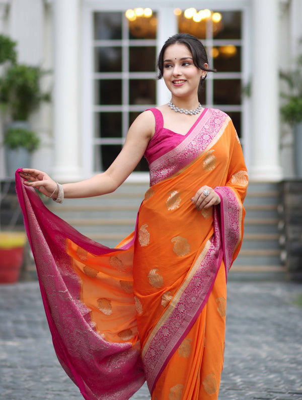 Banarasee Handwoven Chiffon Saree With Zari Buta Work & Contrast Border-Orange