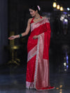 Banarasee Handloom Mashru Silk Saree With Buti Design Zari Border & Lace-Red