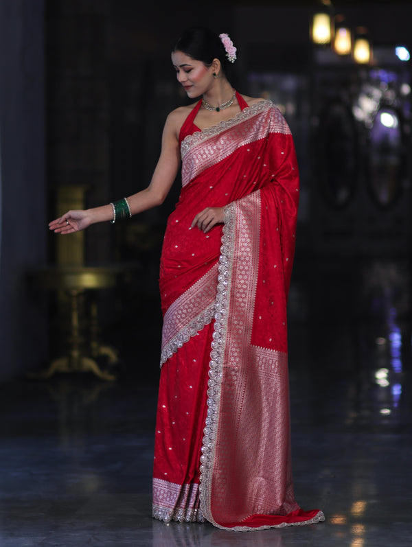 Banarasee Handloom Mashru Silk Saree With Buti Design Zari Border & Lace-Red