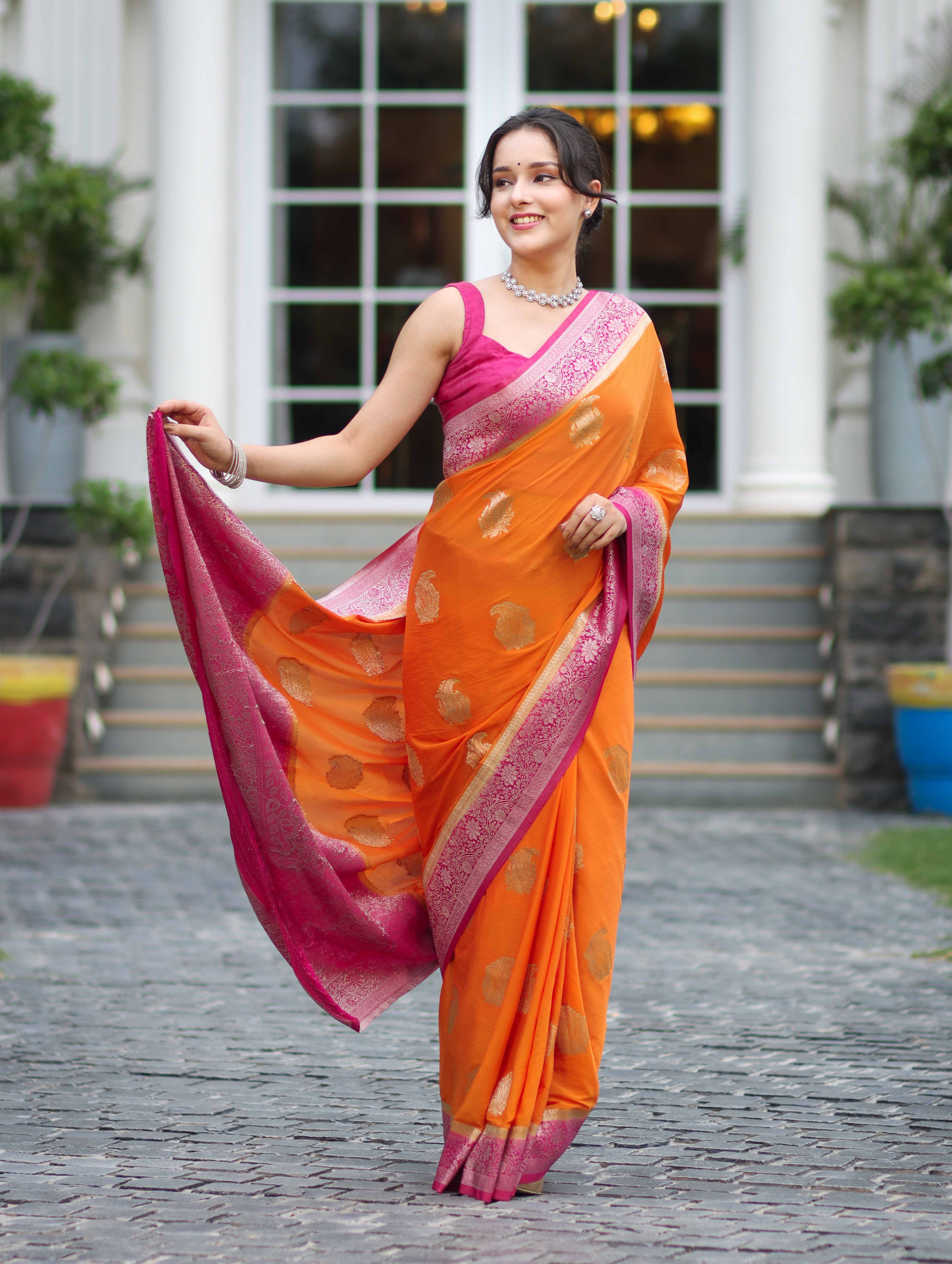 Banarasee Handwoven Chiffon Saree With Zari Buta Work & Contrast Border-Orange