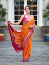 Banarasee Handwoven Chiffon Saree With Zari Buta Work & Contrast Border-Orange