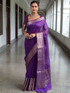 Banarasee Handwoven Plain Tissue Saree With Broad Zari Border-Purple