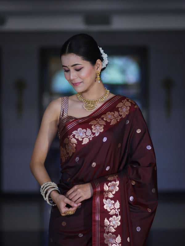 Banarasee Handloom Semi Silk Saree With Sona Rupa Zari Buti Design & Floral Border-Burgundy