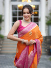 Banarasee Handwoven Chiffon Saree With Zari Buta Work & Contrast Border-Orange