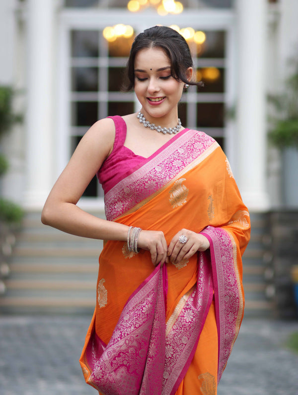 Banarasee Handwoven Chiffon Saree With Zari Buta Work & Contrast Border-Orange