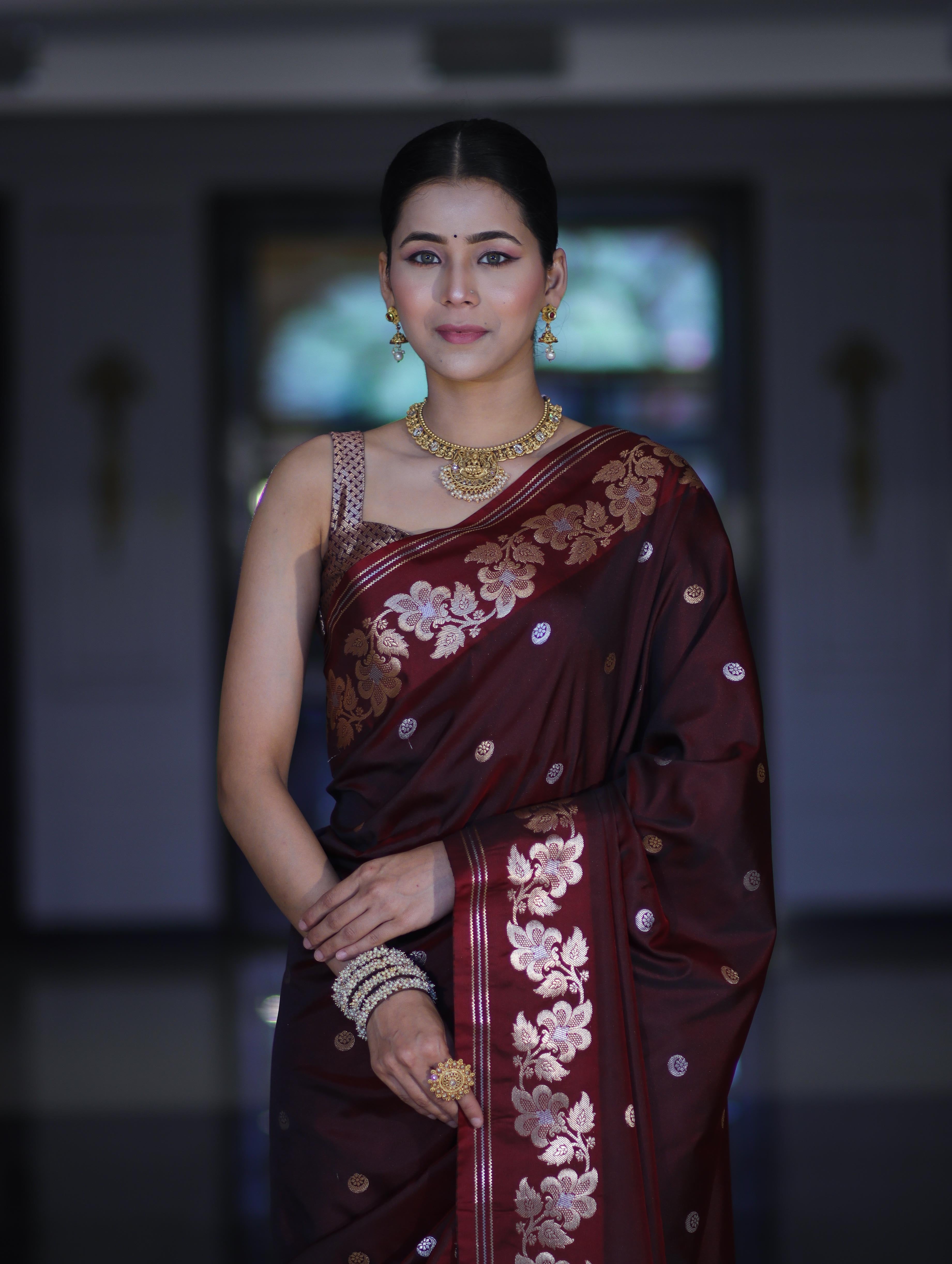 Banarasee Handloom Semi Silk Saree With Sona Rupa Zari Buti Design & Floral Border-Burgundy