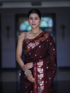 Banarasee Handloom Semi Silk Saree With Sona Rupa Zari Buti Design & Floral Border-Burgundy