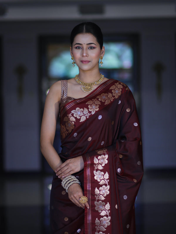 Banarasee Handloom Semi Silk Saree With Sona Rupa Zari Buti Design & Floral Border-Burgundy