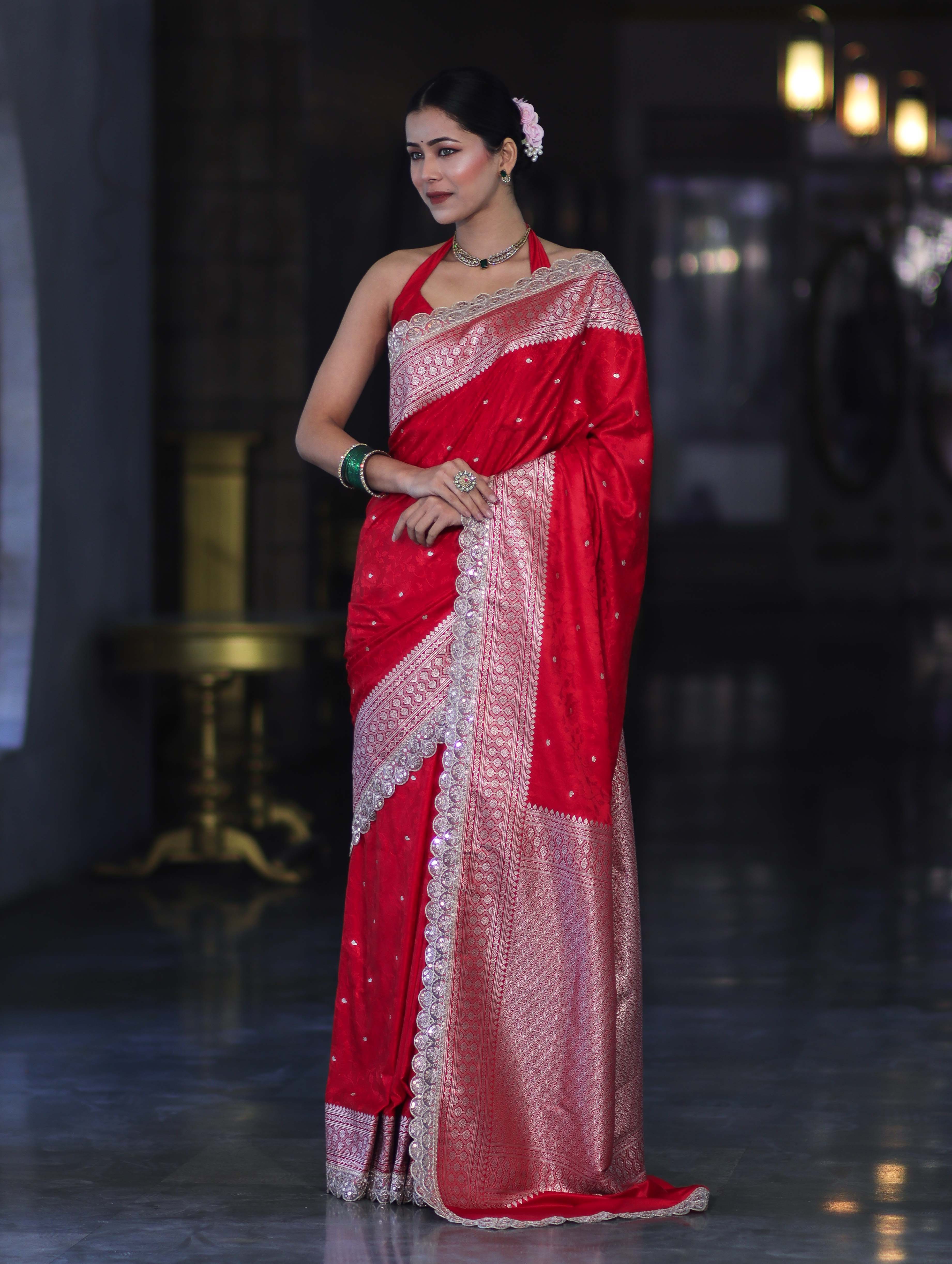 Banarasee Handloom Mashru Silk Saree With Buti Design Zari Border & Lace-Red