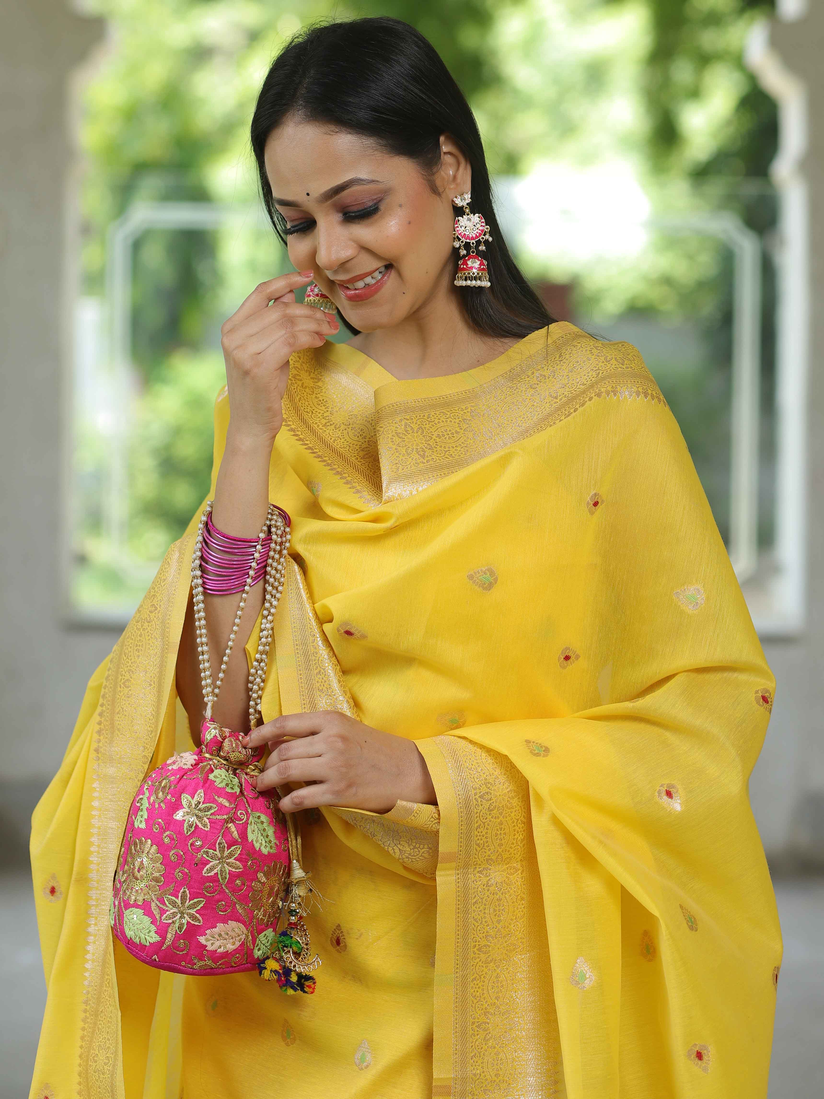 Banarasee Handloom Chanderi Salwar Kameez Fabric With Meena & Zari Design-Yellow