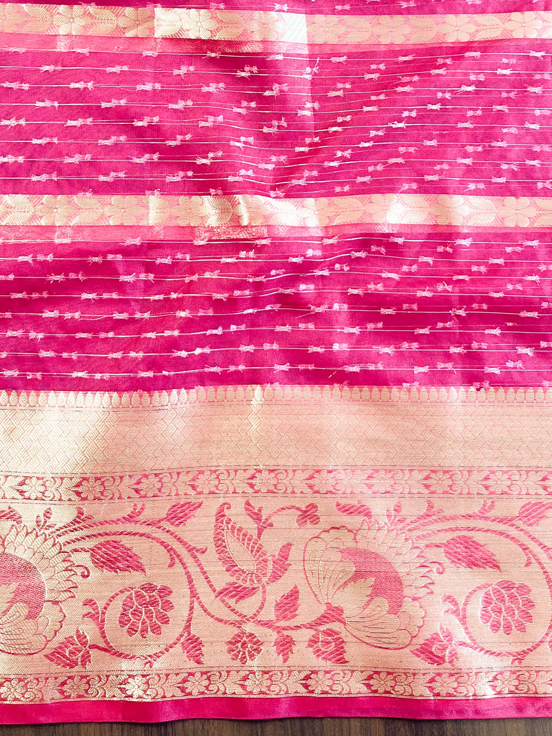 Banarasee Organza Mix Saree With Stripes Design & Broad Border-Pink