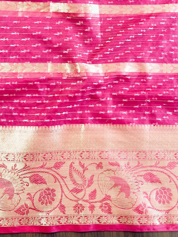 Banarasee Organza Mix Saree With Stripes Design & Broad Border-Pink