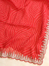 Banarasee Chiffon Bandhani Print Saree & Hand Work With Contrast Blouse-Red