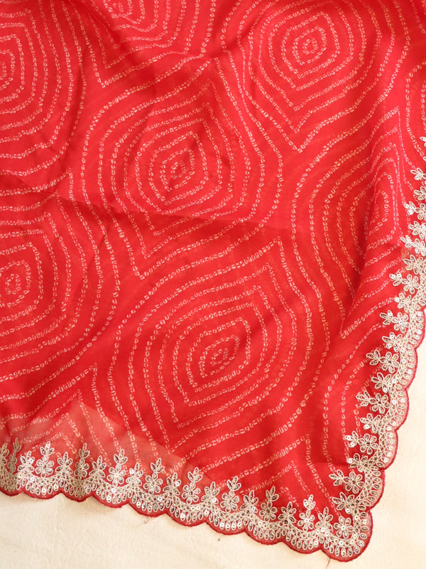 Banarasee Chiffon Bandhani Print Saree & Hand Work With Contrast Blouse-Red