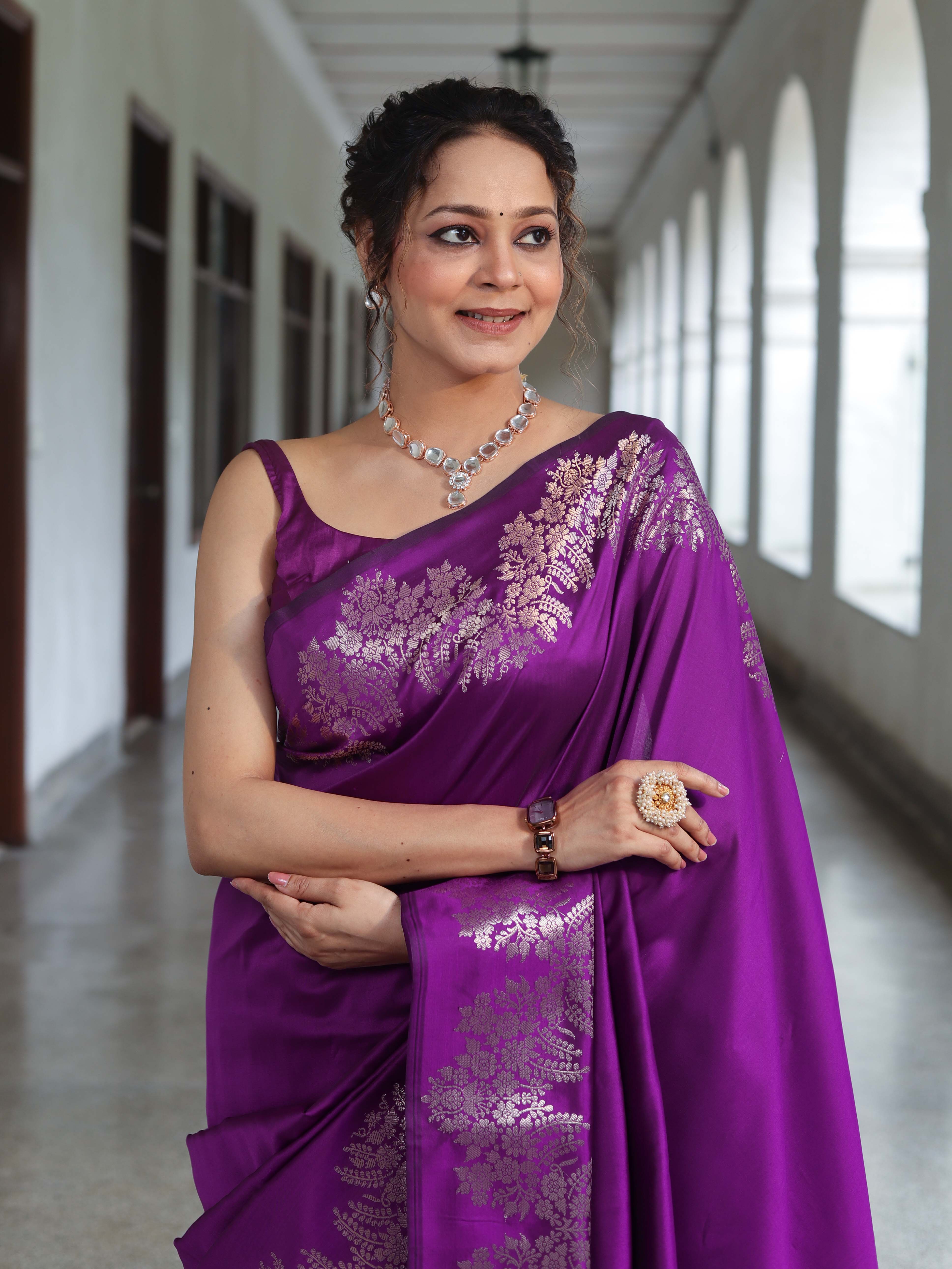 Banarasee Handwoven Semi Silk Saree With Zari Border-Violet