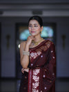 Banarasee Handloom Semi Silk Saree With Sona Rupa Zari Buti Design & Floral Border-Burgundy