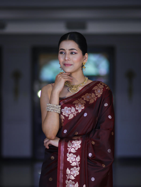 Banarasee Handloom Semi Silk Saree With Sona Rupa Zari Buti Design & Floral Border-Burgundy