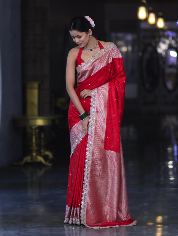 Banarasee Handloom Mashru Silk Saree With Buti Design Zari Border & Lace-Red
