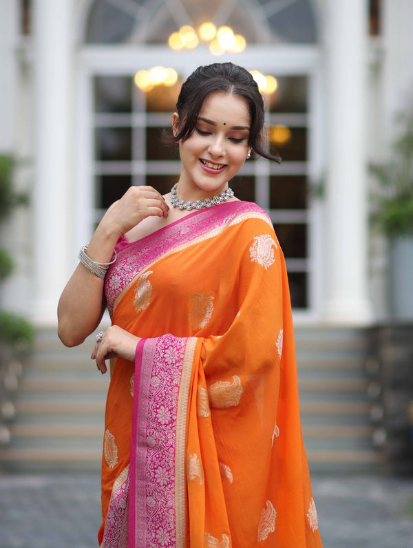 Banarasee Handwoven Chiffon Saree With Zari Buta Work & Contrast Border-Orange
