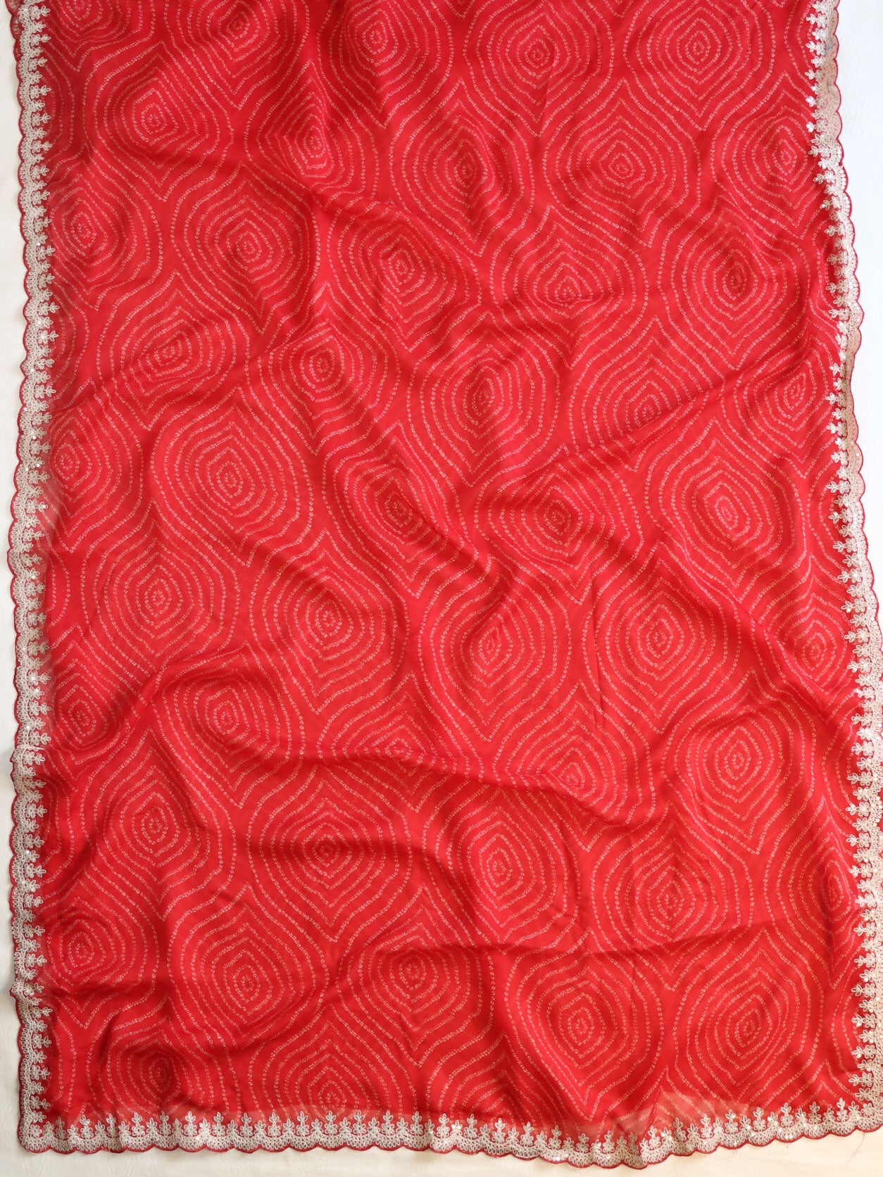 Banarasee Chiffon Bandhani Print Saree & Hand Work With Contrast Blouse-Red