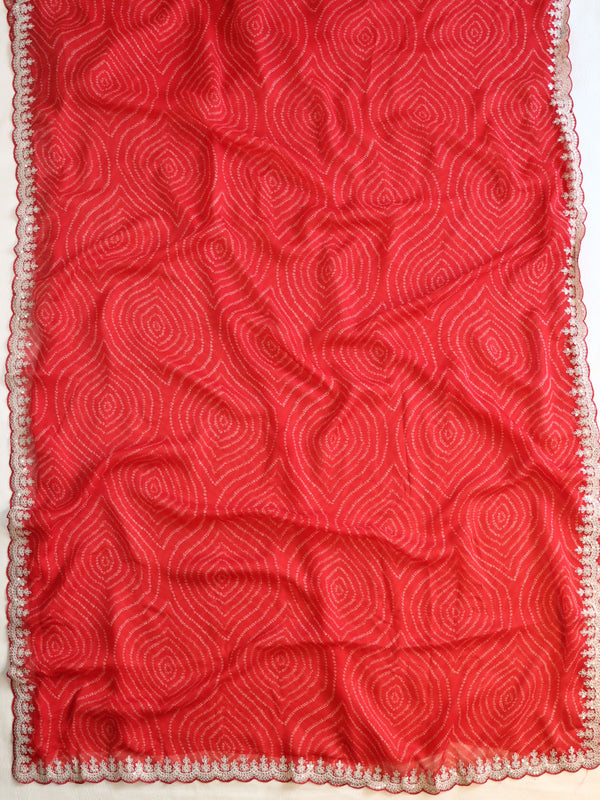 Banarasee Chiffon Bandhani Print Saree & Hand Work With Contrast Blouse-Red