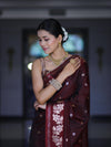 Banarasee Handloom Semi Silk Saree With Sona Rupa Zari Buti Design & Floral Border-Burgundy