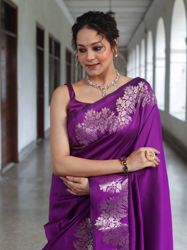 Banarasee Handwoven Semi Silk Saree With Zari Border-Violet