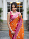 Banarasee Handwoven Chiffon Saree With Zari Buta Work & Contrast Border-Orange