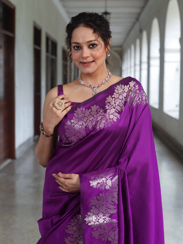 Banarasee Handwoven Semi Silk Saree With Zari Border-Violet