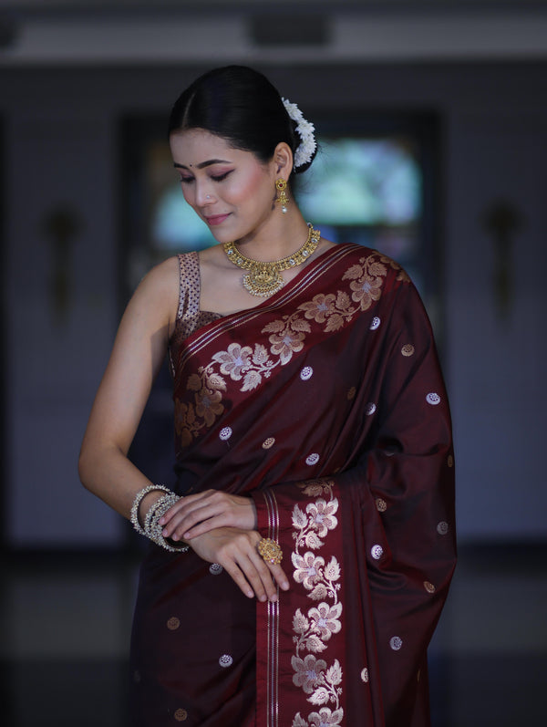 Banarasee Handloom Semi Silk Saree With Sona Rupa Zari Buti Design & Floral Border-Burgundy