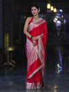 Banarasee Handloom Mashru Silk Saree With Buti Design Zari Border & Lace-Red