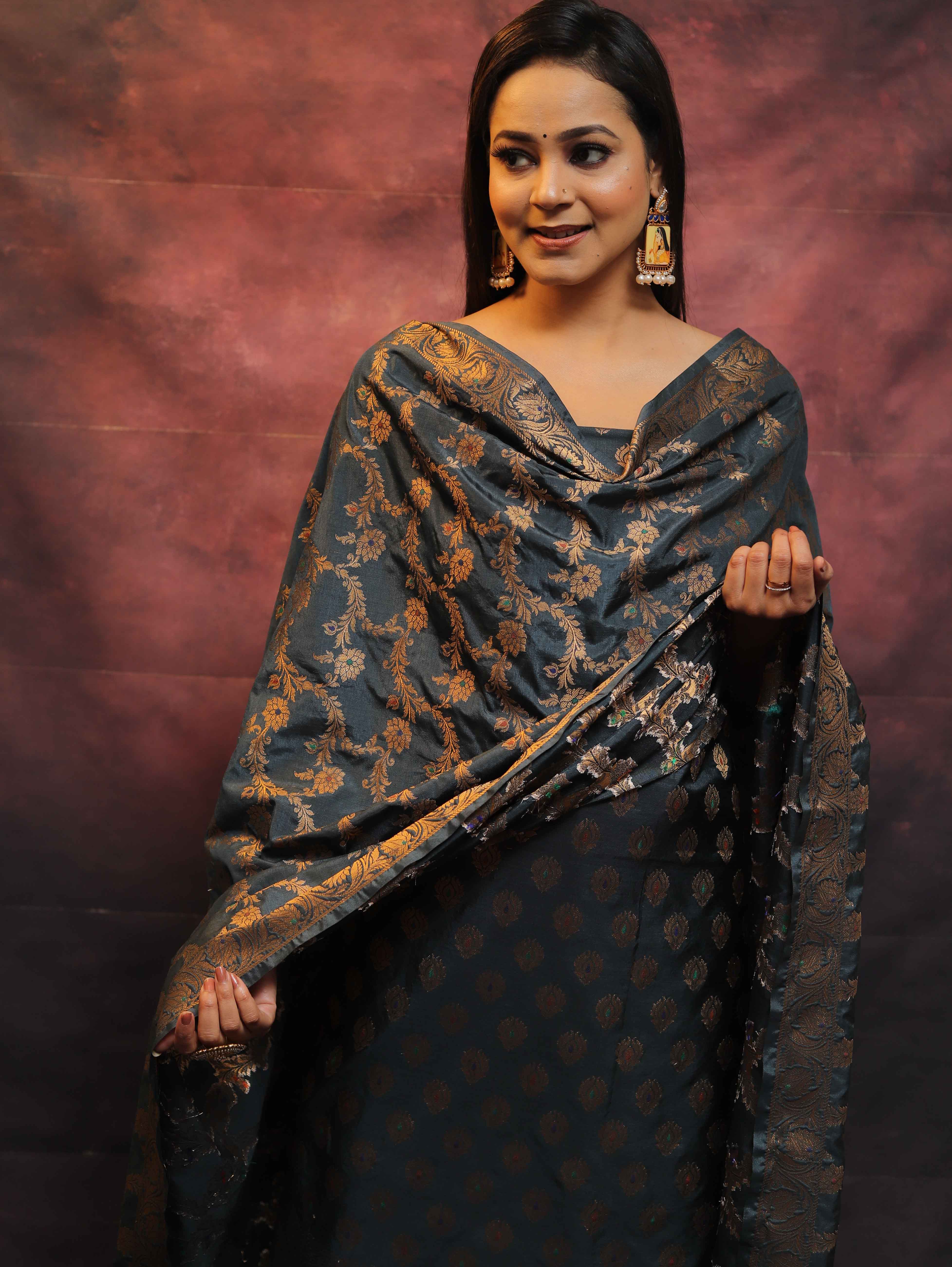 Banarasee Salwar Kameez Semi Katan Silk Fabric With Zari Work-Grey