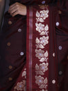 Banarasee Handloom Semi Silk Saree With Sona Rupa Zari Buti Design & Floral Border-Burgundy