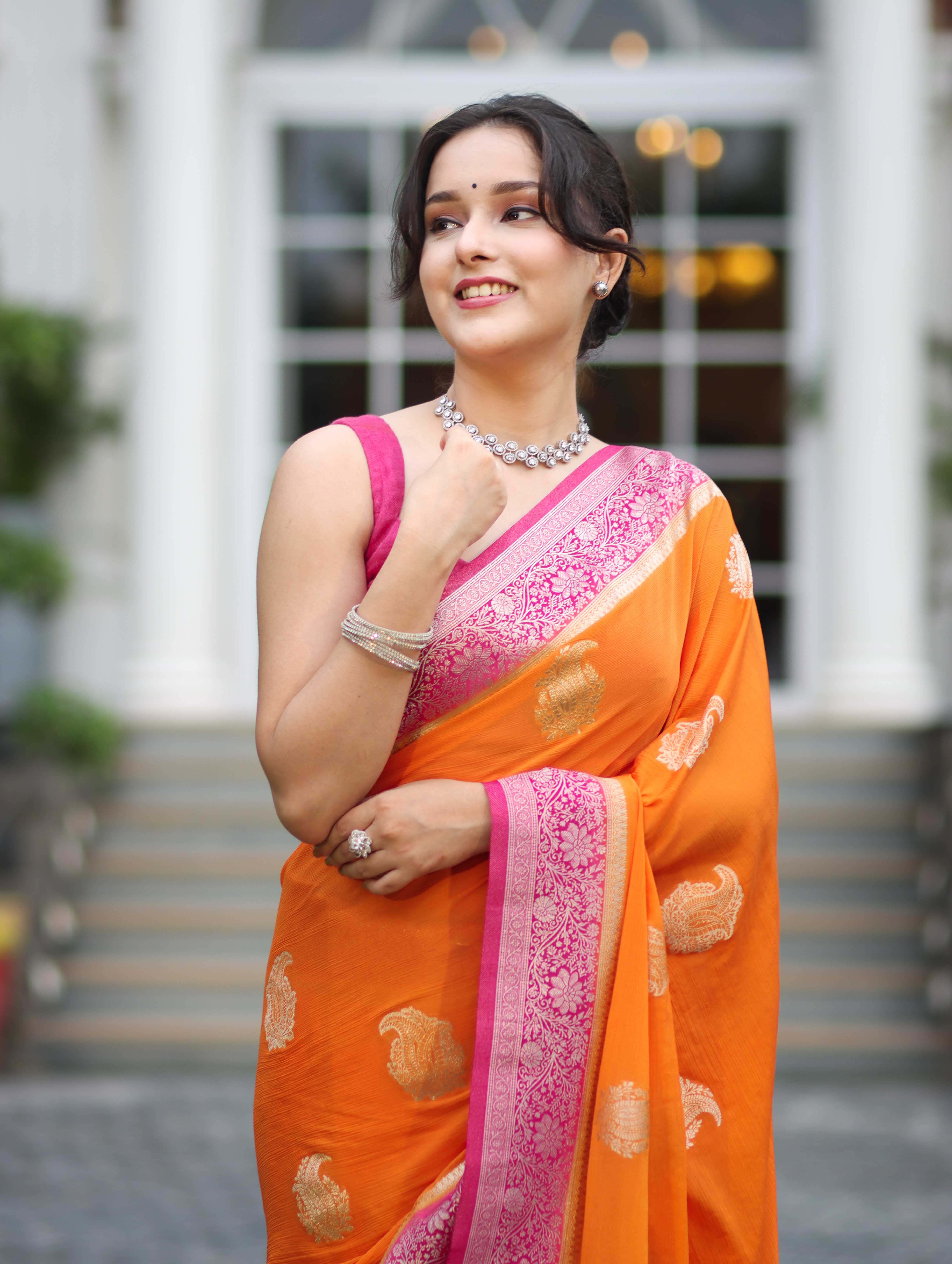 Banarasee Handwoven Chiffon Saree With Zari Buta Work & Contrast Border-Orange