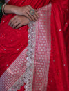 Banarasee Handloom Mashru Silk Saree With Buti Design Zari Border & Lace-Red