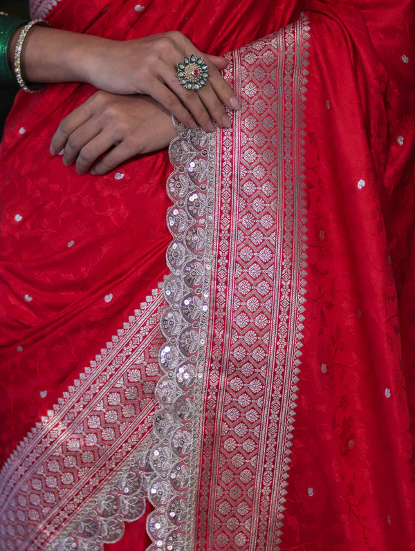 Banarasee Handloom Mashru Silk Saree With Buti Design Zari Border & Lace-Red
