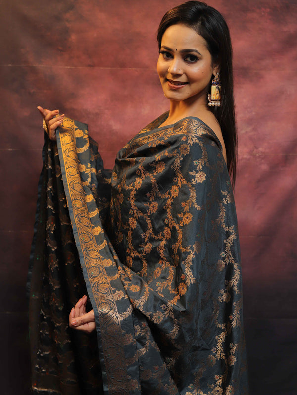 Banarasee Salwar Kameez Semi Katan Silk Fabric With Zari Work-Grey