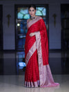 Banarasee Semi Chiffon Saree With Buti Design Contrast Border & Lace-Red & Light Pink