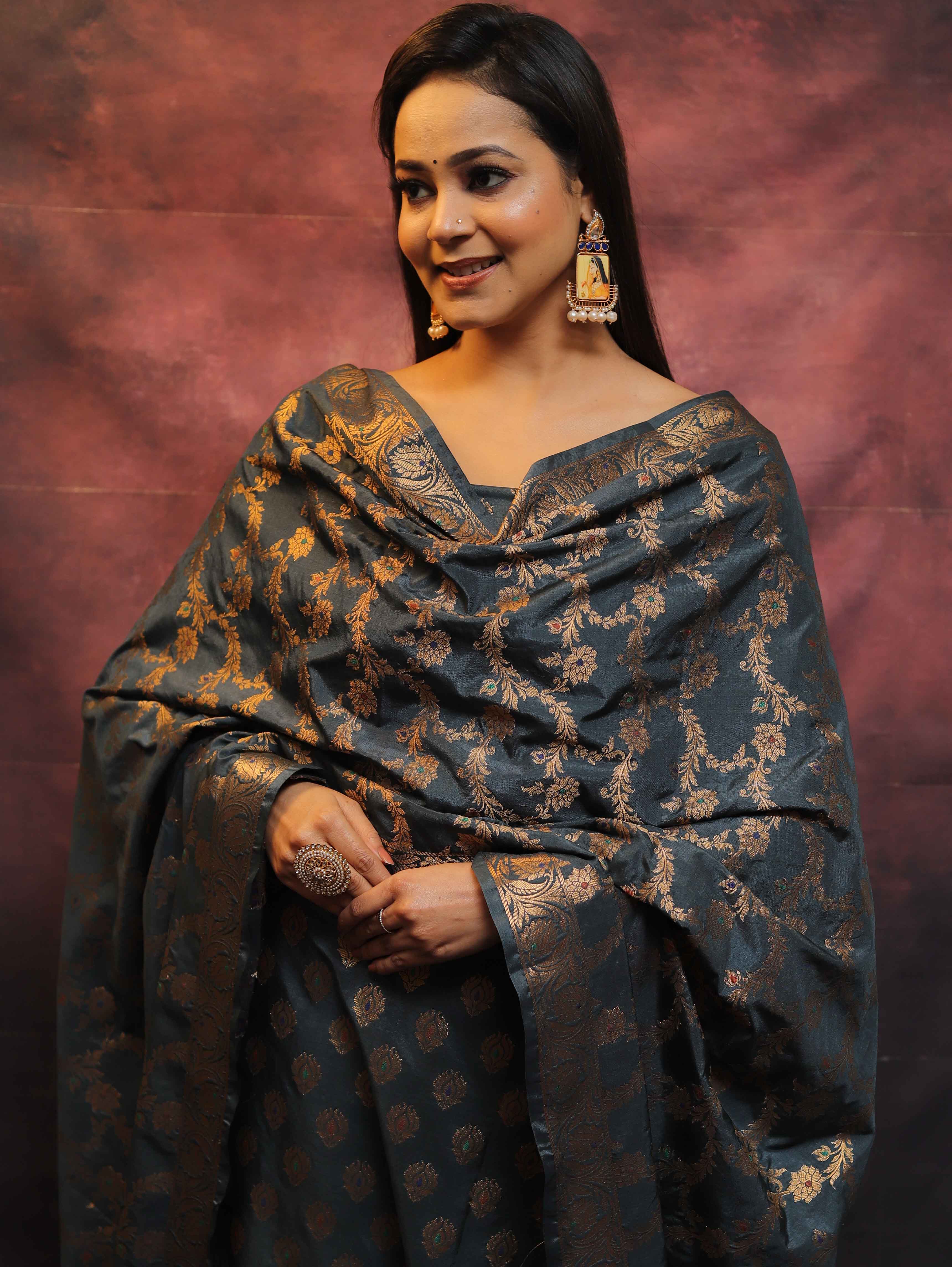 Banarasee Salwar Kameez Semi Katan Silk Fabric With Zari Work-Grey
