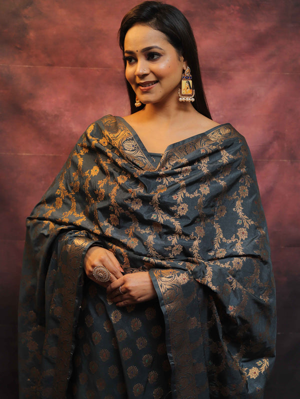 Banarasee Salwar Kameez Semi Katan Silk Fabric With Zari Work-Grey