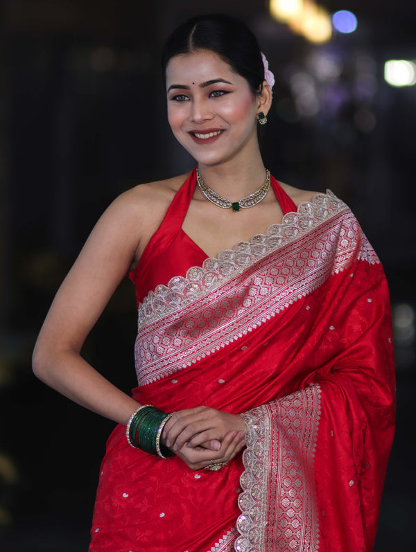 Banarasee Handloom Mashru Silk Saree With Buti Design Zari Border & Lace-Red