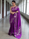 Banarasee Handwoven Semi Silk Saree With Zari Border-Violet
