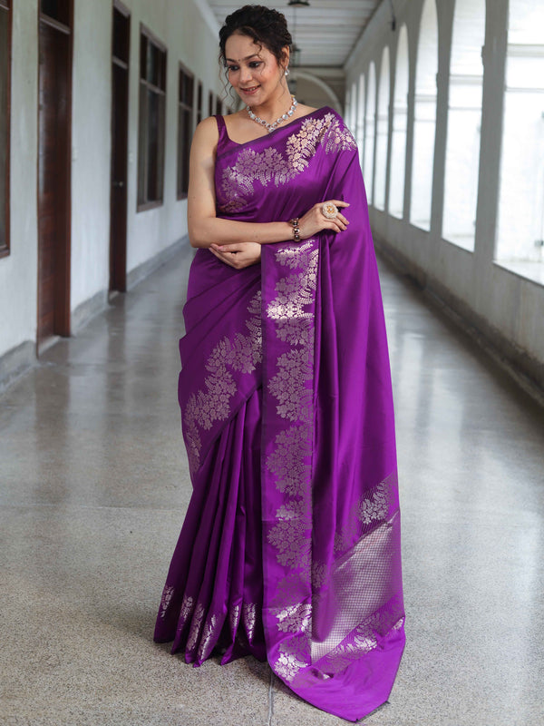 Banarasee Handwoven Semi Silk Saree With Zari Border-Violet