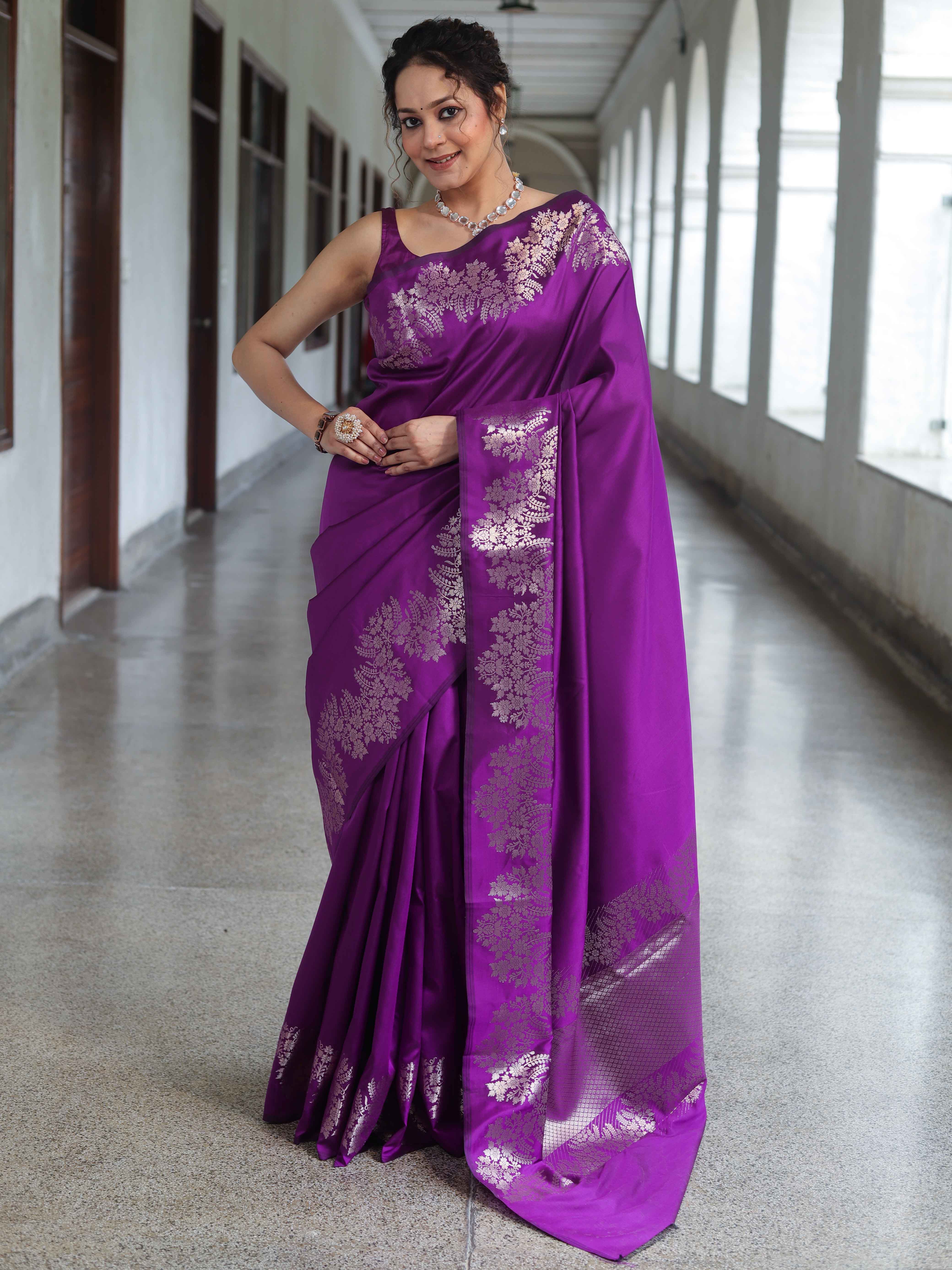 Banarasee Handwoven Semi Silk Saree With Zari Border-Violet