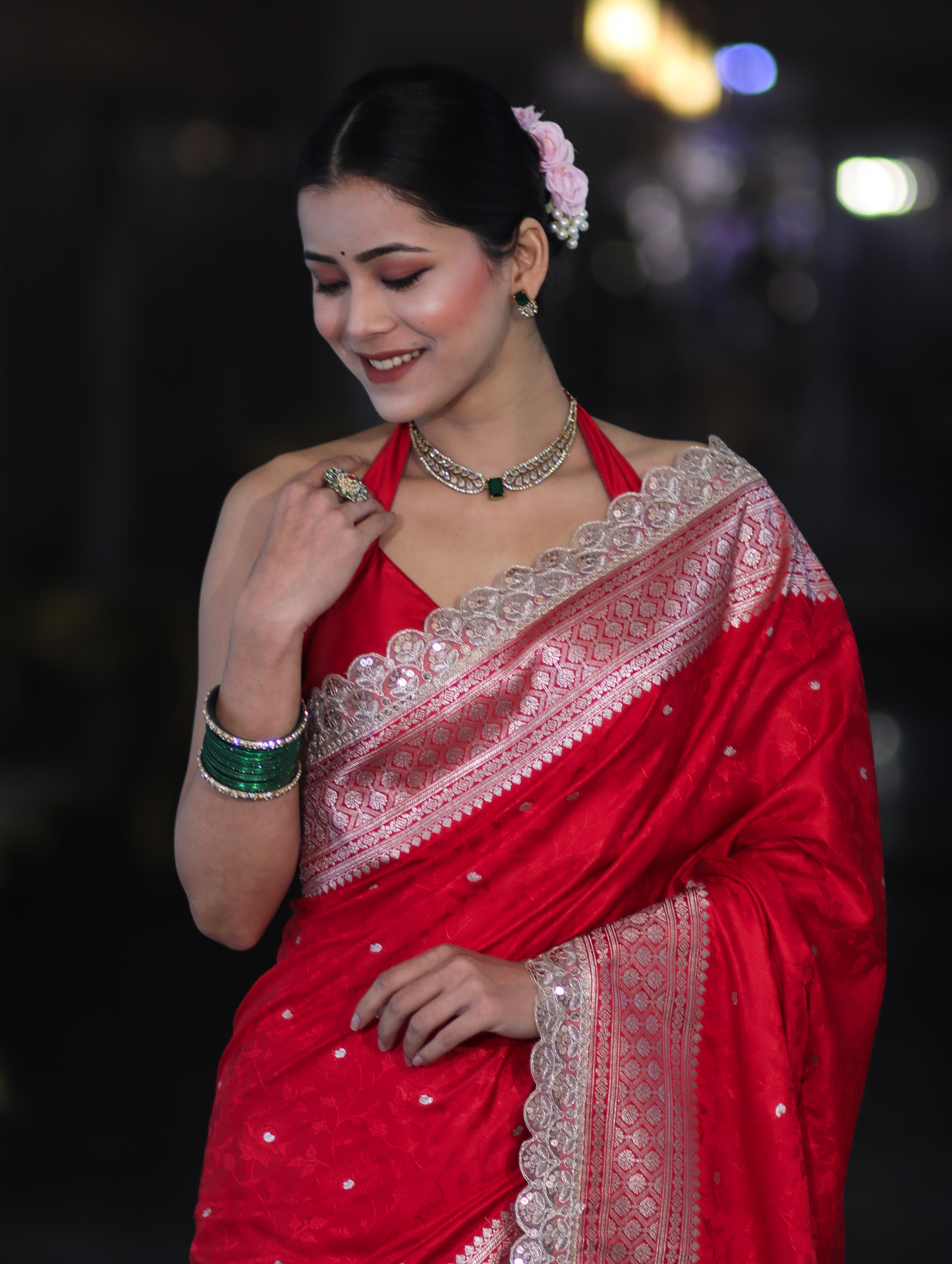 Banarasee Handloom Mashru Silk Saree With Buti Design Zari Border & Lace-Red