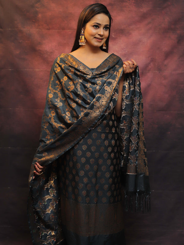Banarasee Salwar Kameez Semi Katan Silk Fabric With Zari Work-Grey